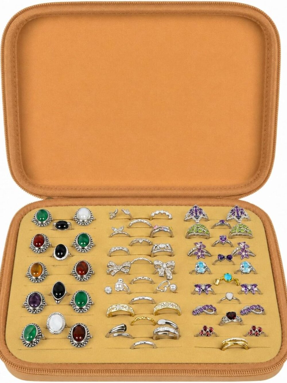 Ring Organizer Box, 42-Slot Hard Shell Case, Holds 50+ Pieces, khaki